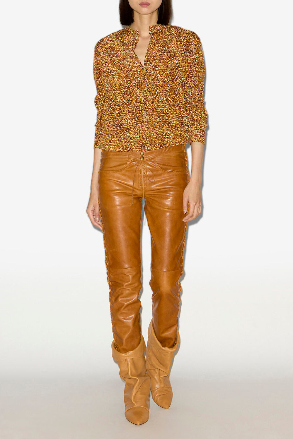 Blusa sima in seta stampata - Ochre - Woman - 2