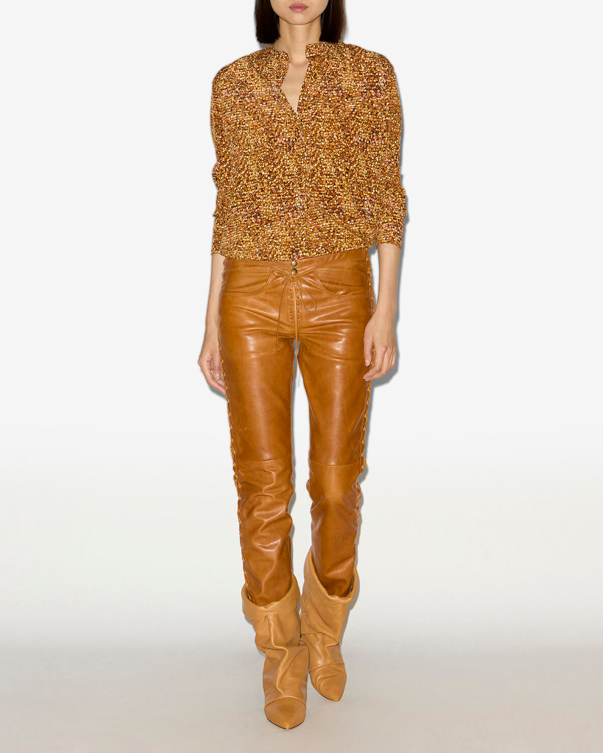 Blusa sima in seta stampata - Ochre - Woman - 1
