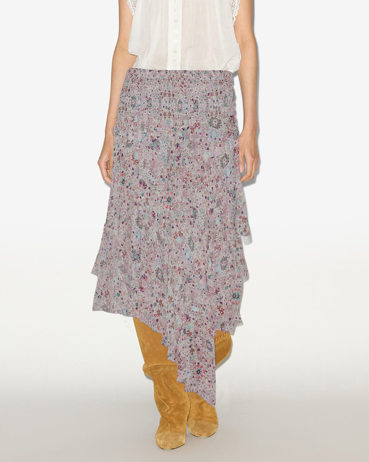 Falda midi brigitte estampada y con volantes - Crudo - Woman - 2