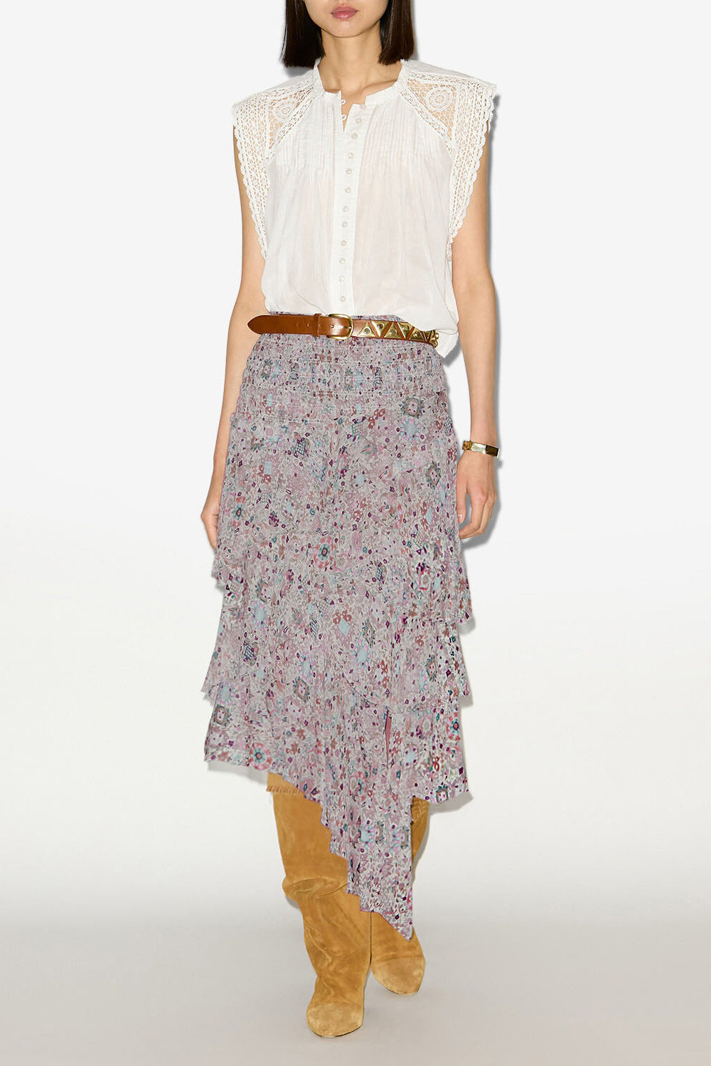 Gonna midi brigitte con stampa e volant - Ecru - Woman - 1