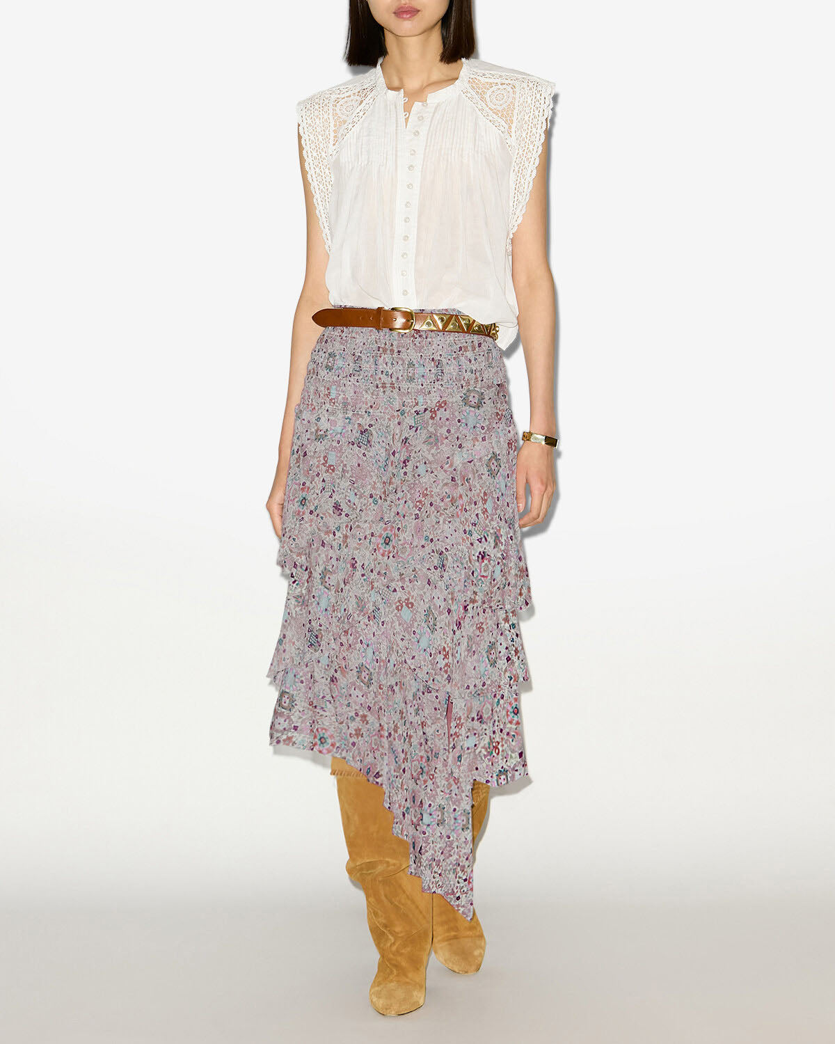 Falda midi brigitte estampada y con volantes - Crudo - Woman - 1