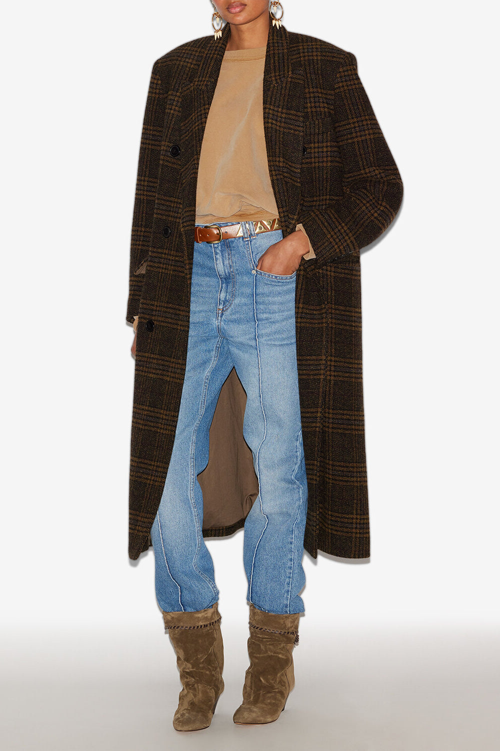 Lexana long checkered wool coat - Khaki - Woman - 2