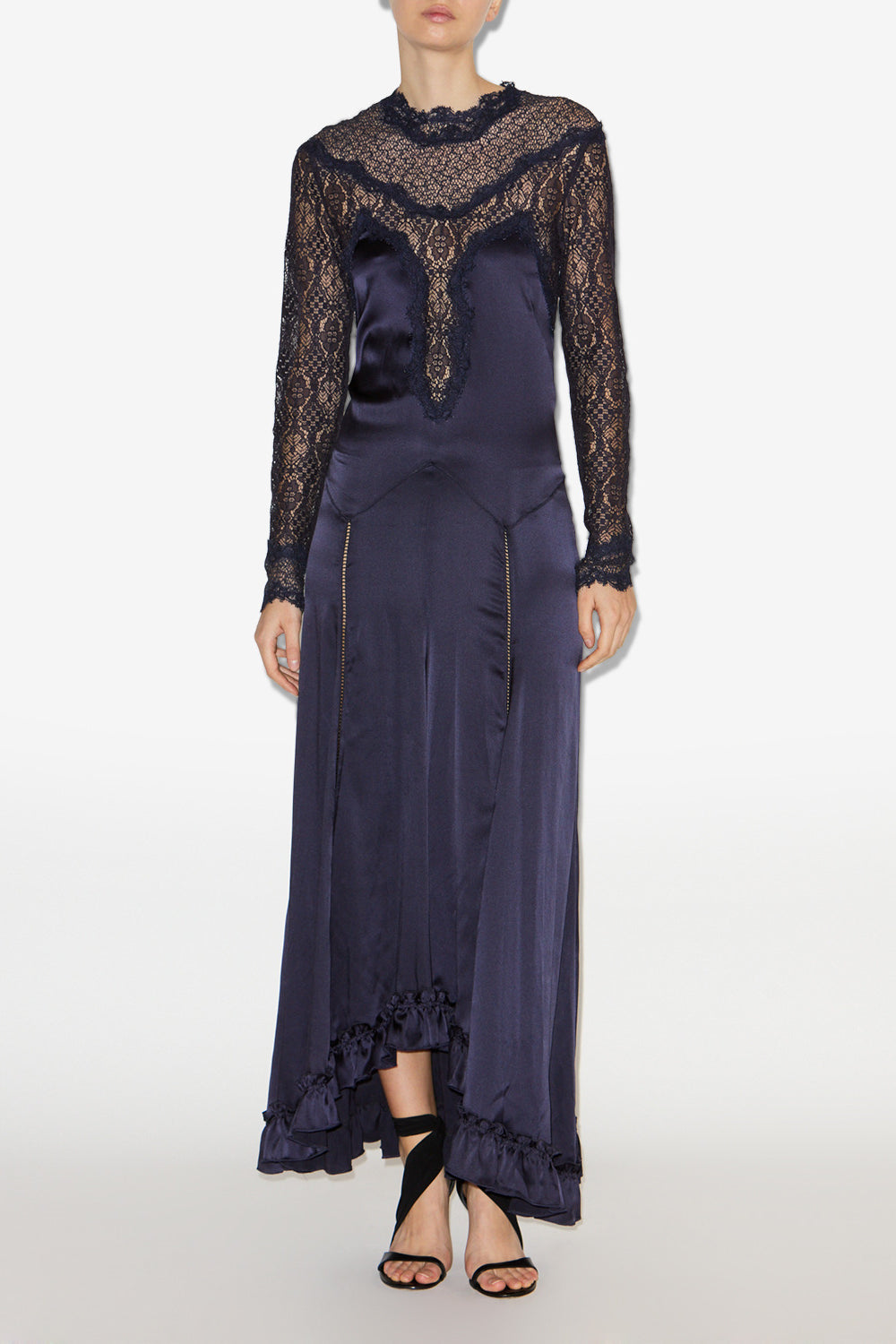 Dolores long satin and lace dress - Black - Woman - 2