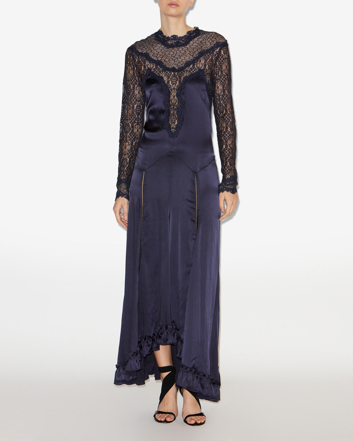 Robe longue dolores en satin et dentelle - Noir - Woman - 1