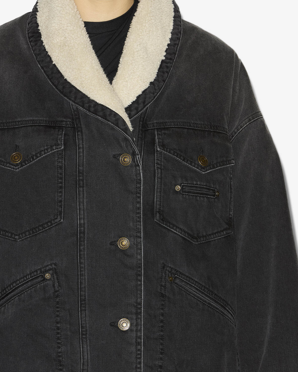 Giacca pimia in denim ed ecopelliccia - Nero lavato - Woman - 2