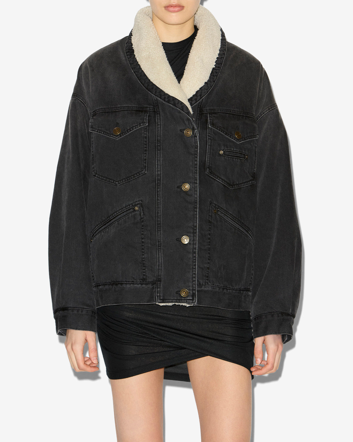 Giacca pimia in denim ed ecopelliccia - Nero lavato - Woman - 3