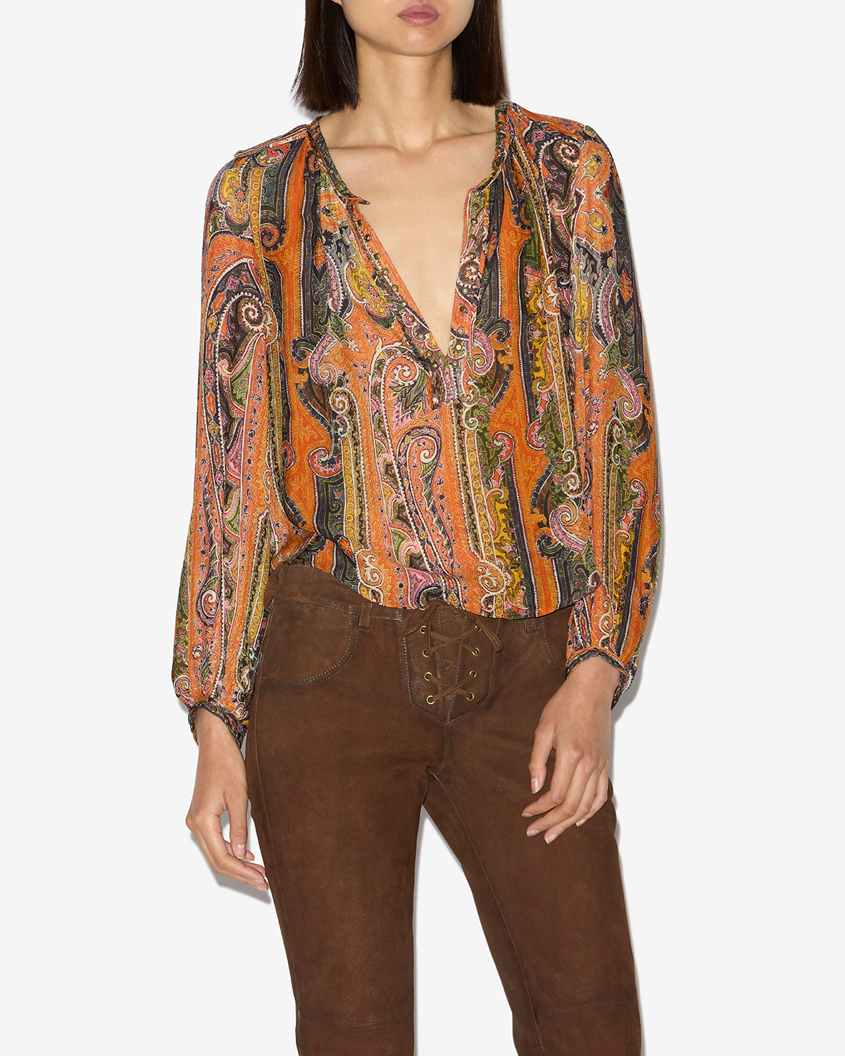 May printed silk blouse with studs and eyelets - Orange - Woman - 3
