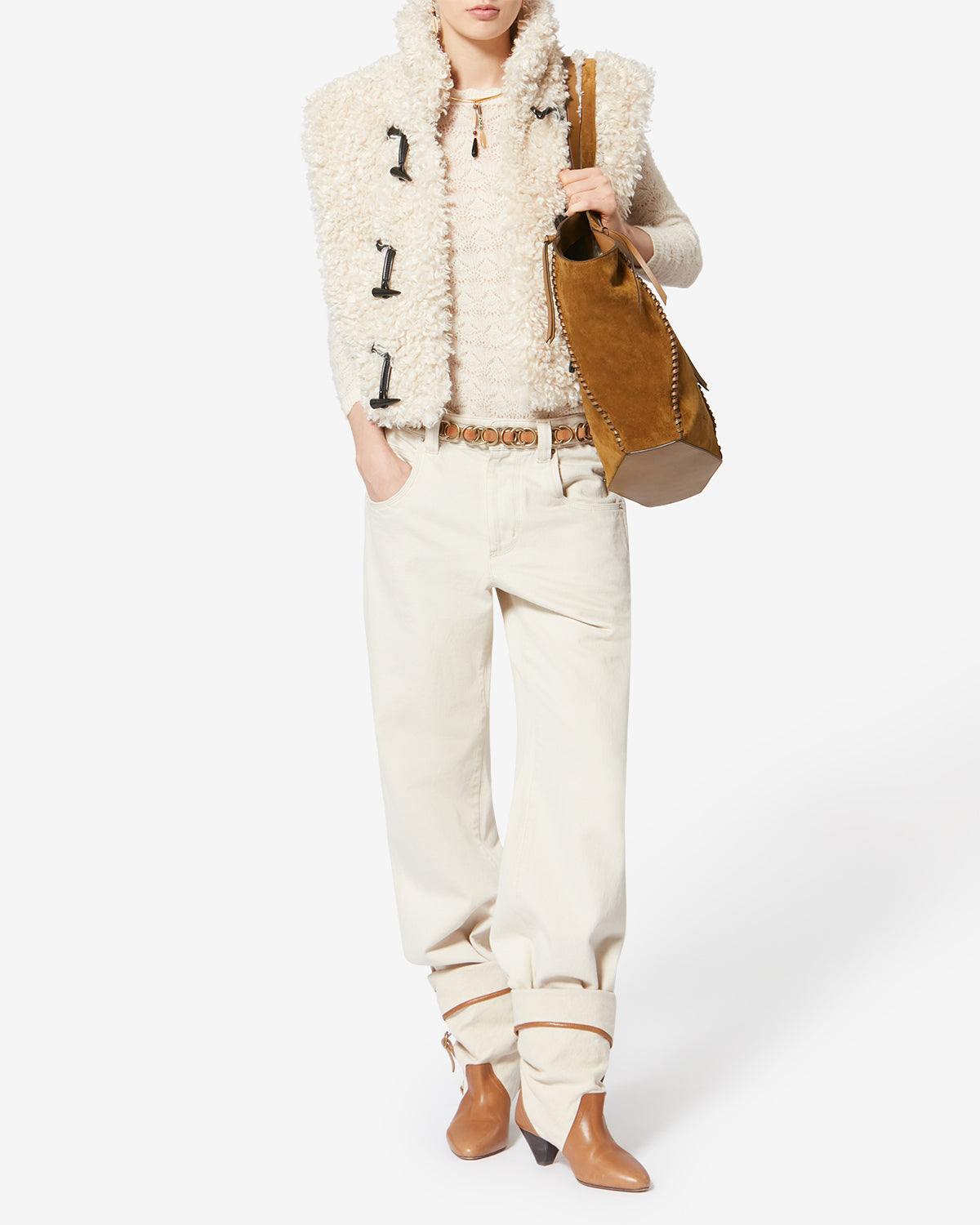 Borsa shopper in pelle scamosciata - Cognac - Woman - 5