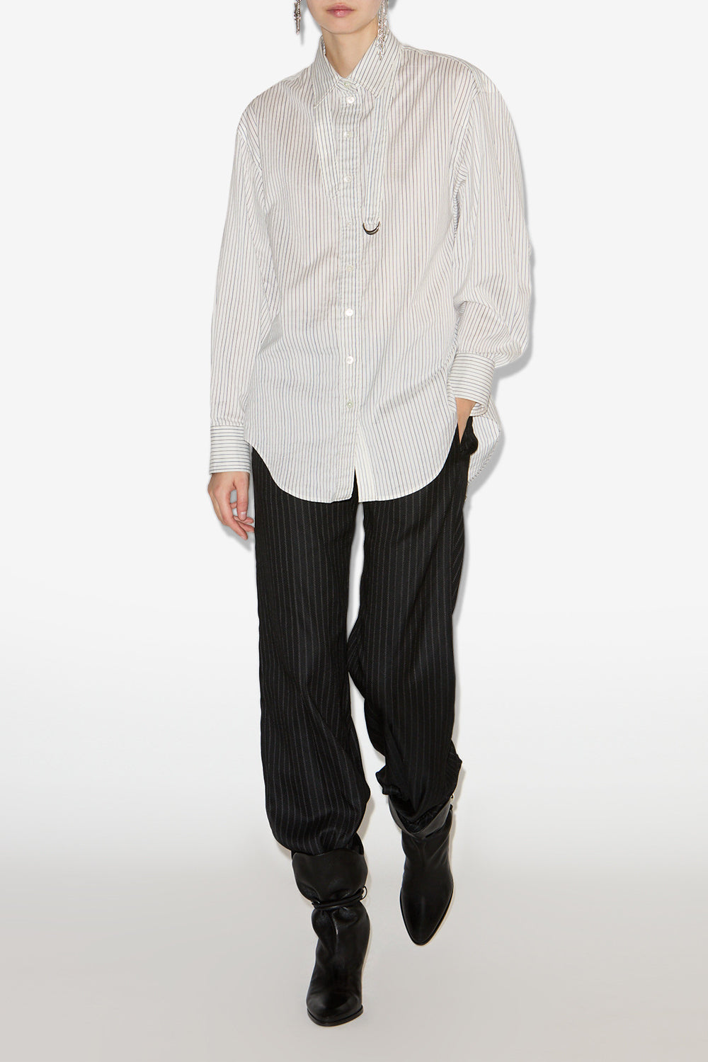 Chemise rayée en coton et soie aurora - Écru et noir - Woman - 2