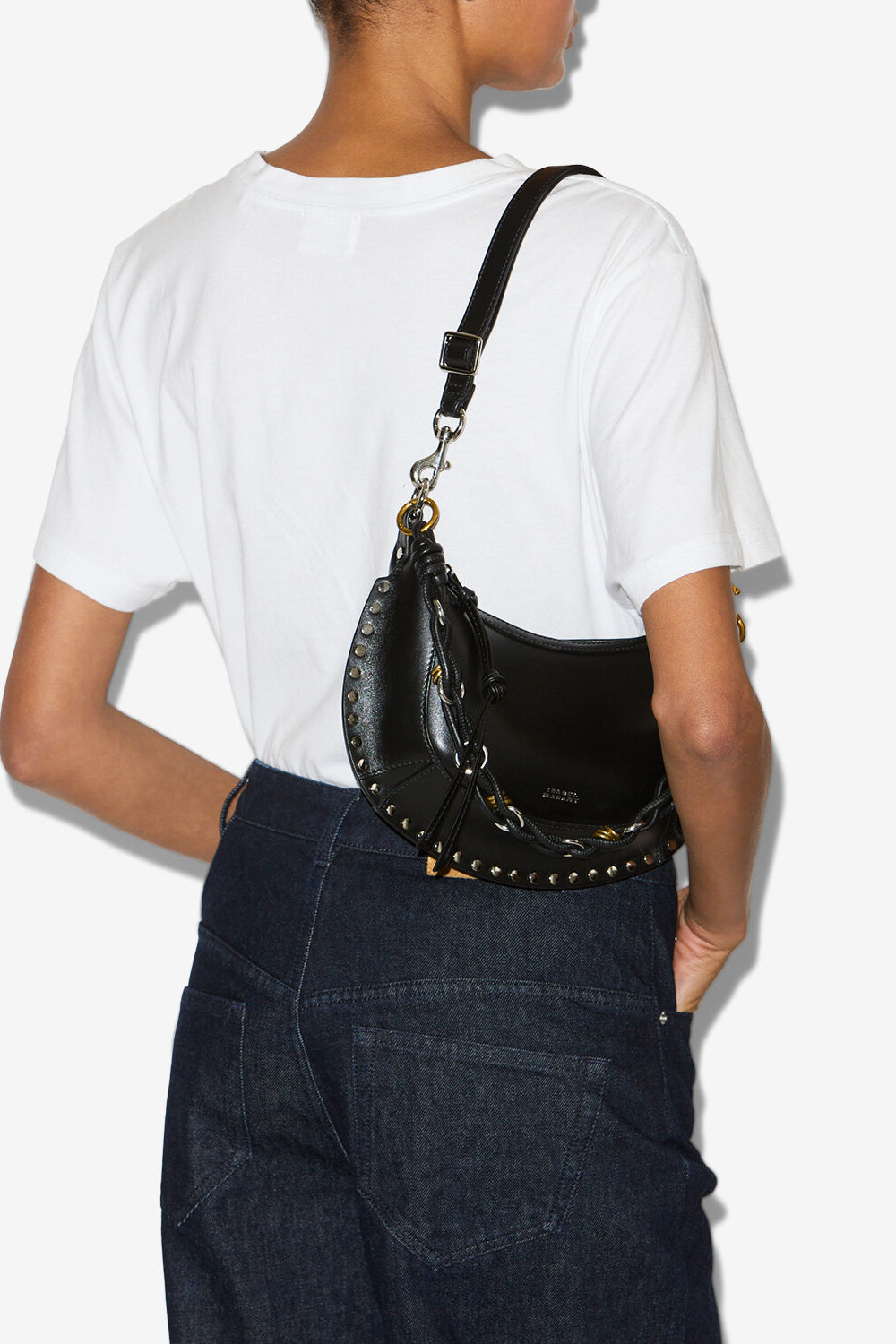 Oskan moon shoulder bag in soft leather - Black and silver - Woman - 2