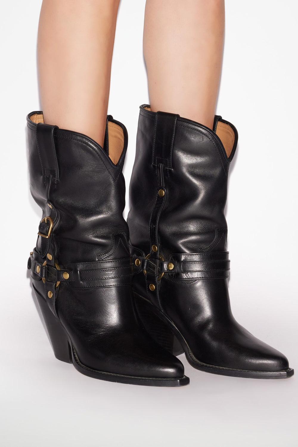 Lyka leather cowboy boots with straps - Black - Woman - 5