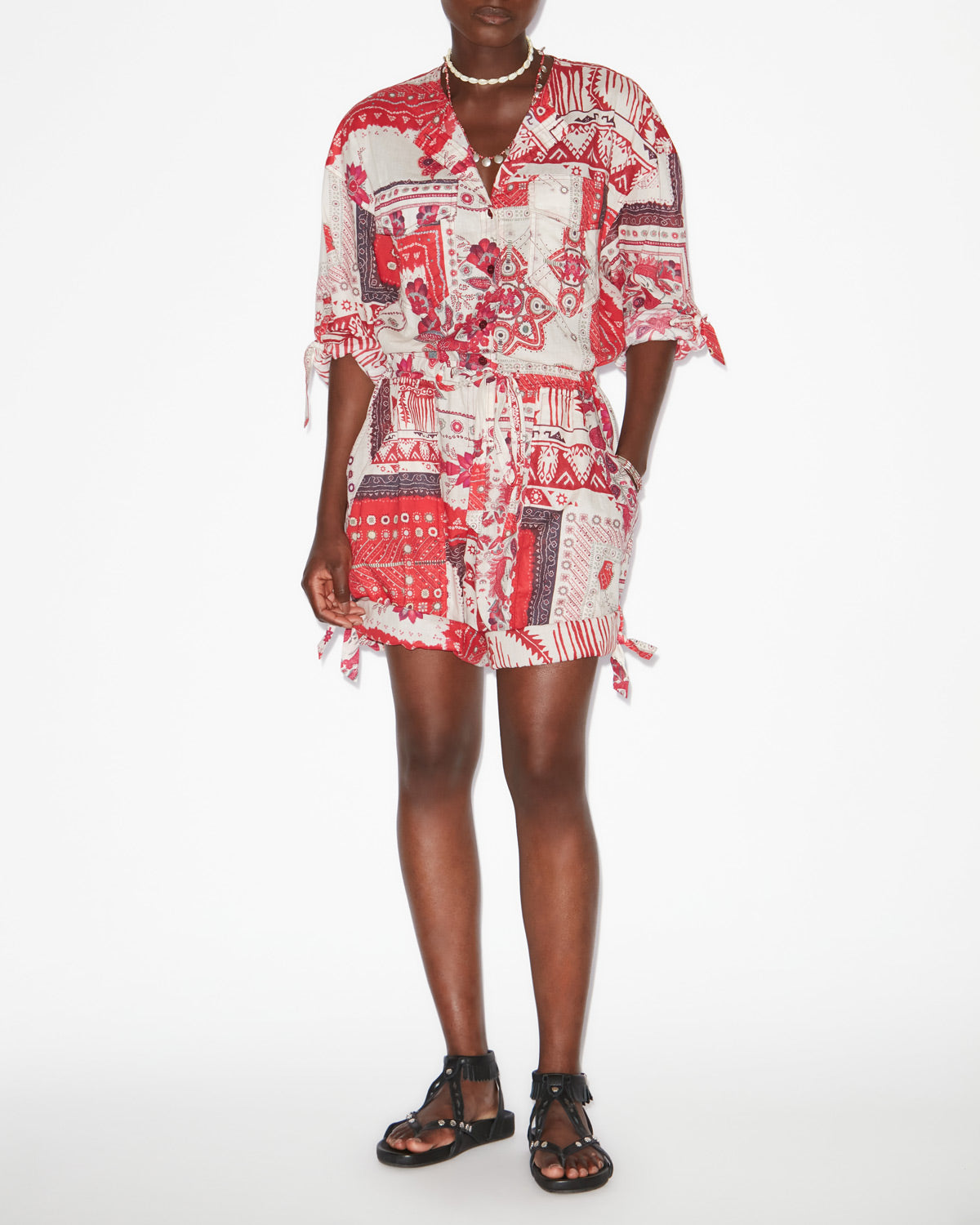 Niely プリントコットンボイル コンビネゾン ショートパンツ - Red and ecru - Woman - 1