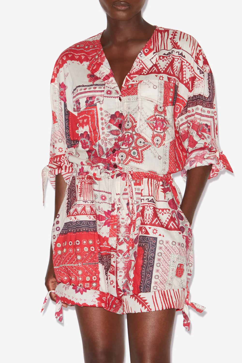 Niely プリントコットンボイル コンビネゾン ショートパンツ - Red and ecru - Woman - 4