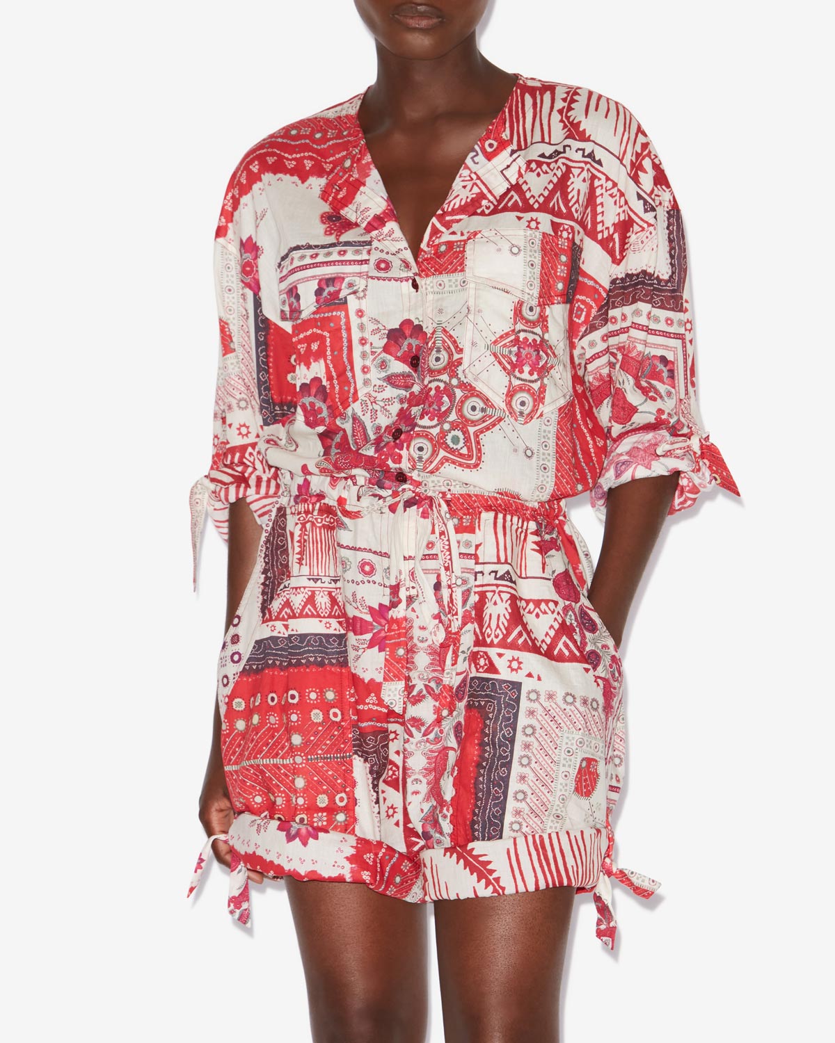 Niely プリントコットンボイル コンビネゾン ショートパンツ - Red and ecru - Woman - 3