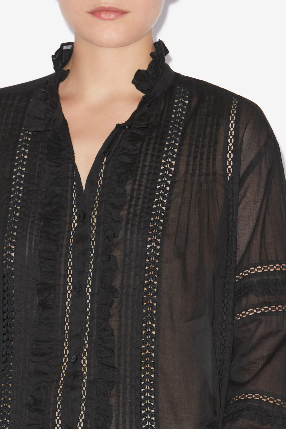 Camicia valda in voile di cotone finemente lavorato - Nero - Woman - 3