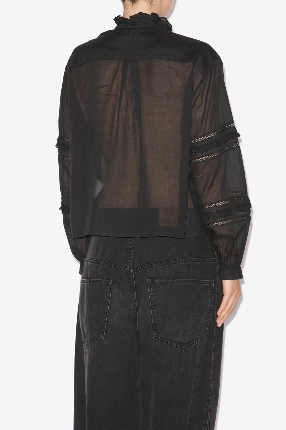 Camicia valda in voile di cotone finemente lavorato - Nero - Woman - 5