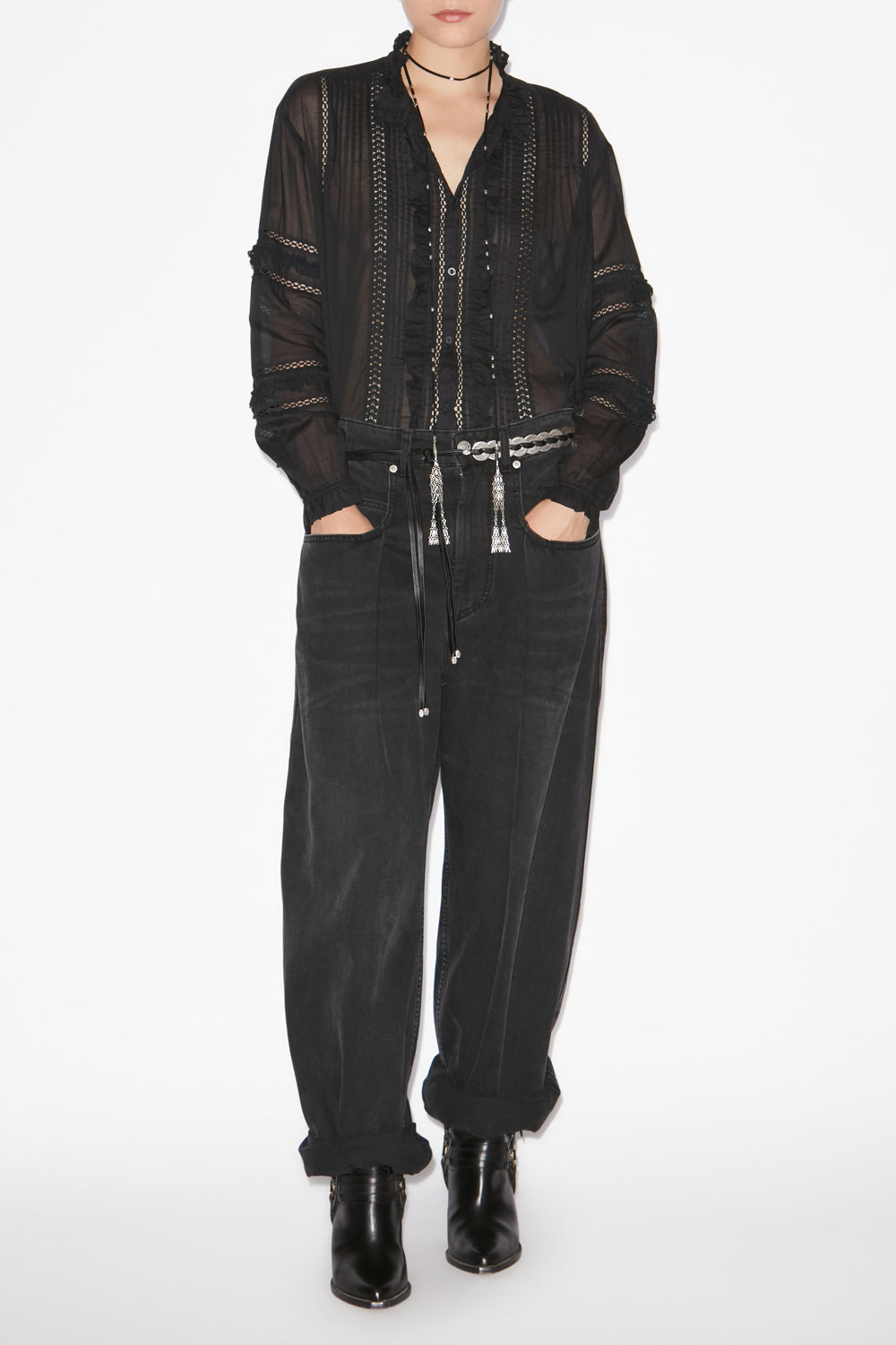 Camicia valda in voile di cotone finemente lavorato - Nero - Woman - 2