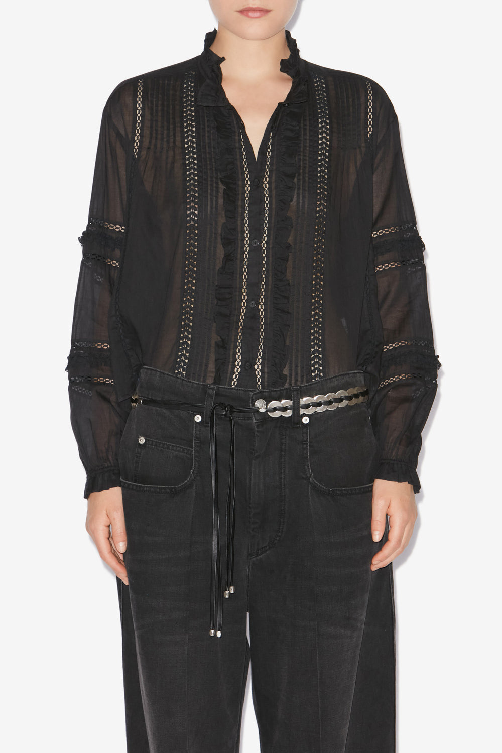 Camicia valda in voile di cotone finemente lavorato - Nero - Woman - 4