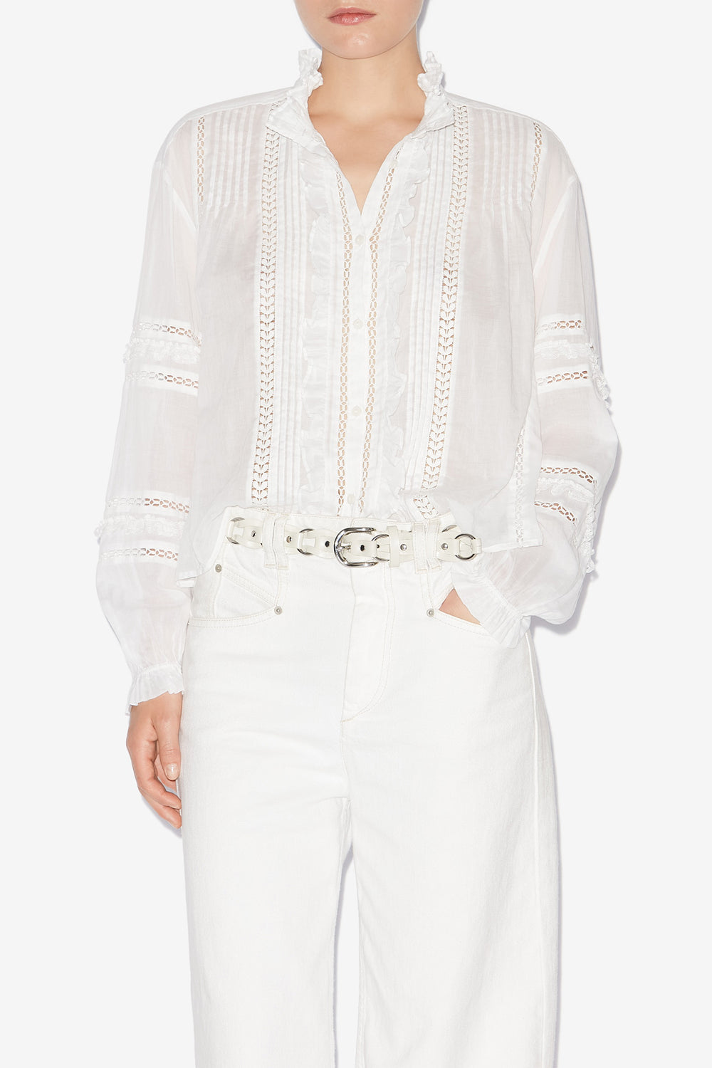 Camicia valda in voile di cotone finemente lavorato - Bianco - Woman - 4