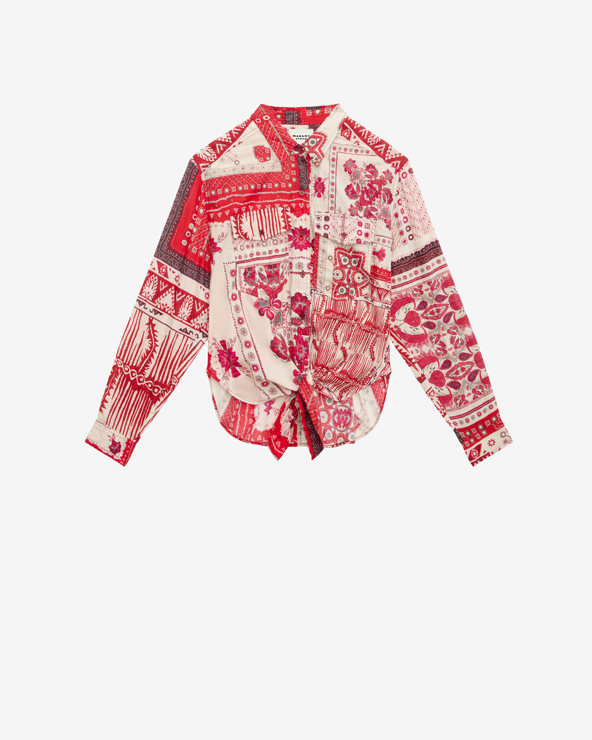Nathy tied printed cotton voile shirt - Red and ecru - Woman - 5