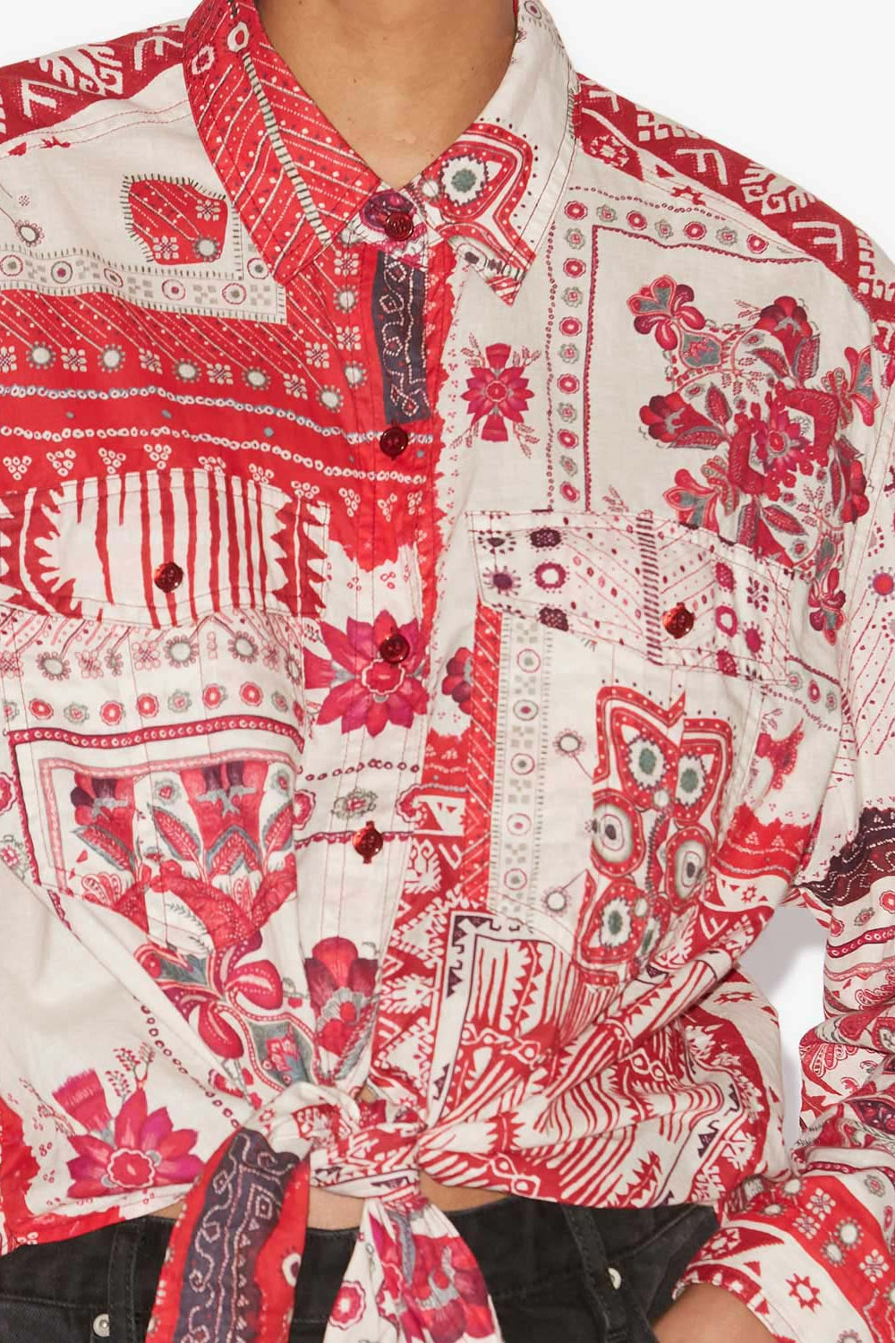 Nathy tied printed cotton voile shirt - Red and ecru - Woman - 3