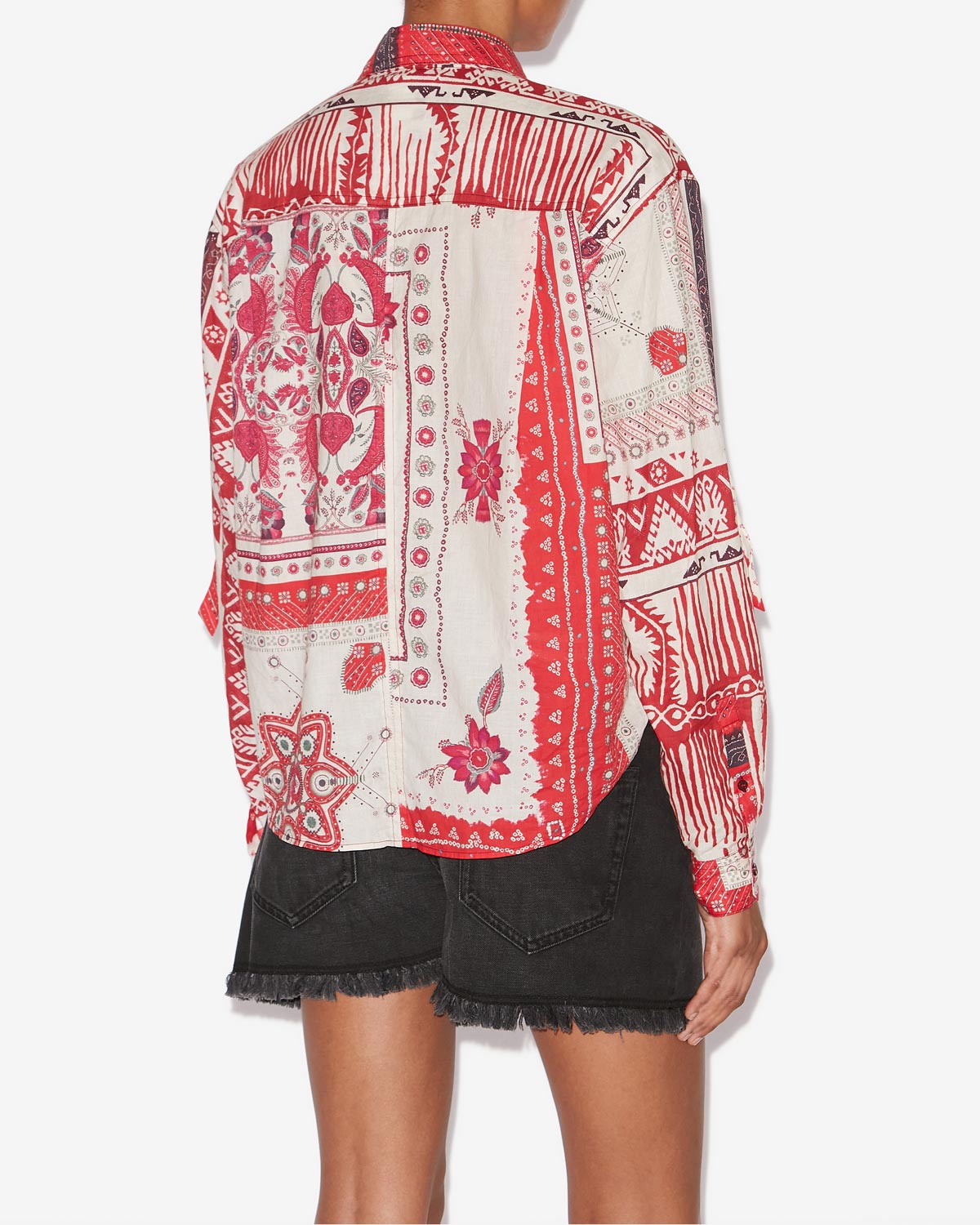 Nathy tied printed cotton voile shirt - Red and ecru - Woman - 4
