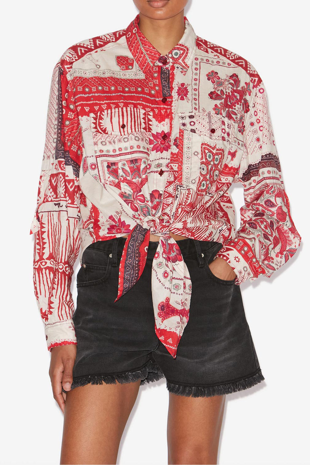 Nathy tied printed cotton voile shirt - Red and ecru - Woman - 4