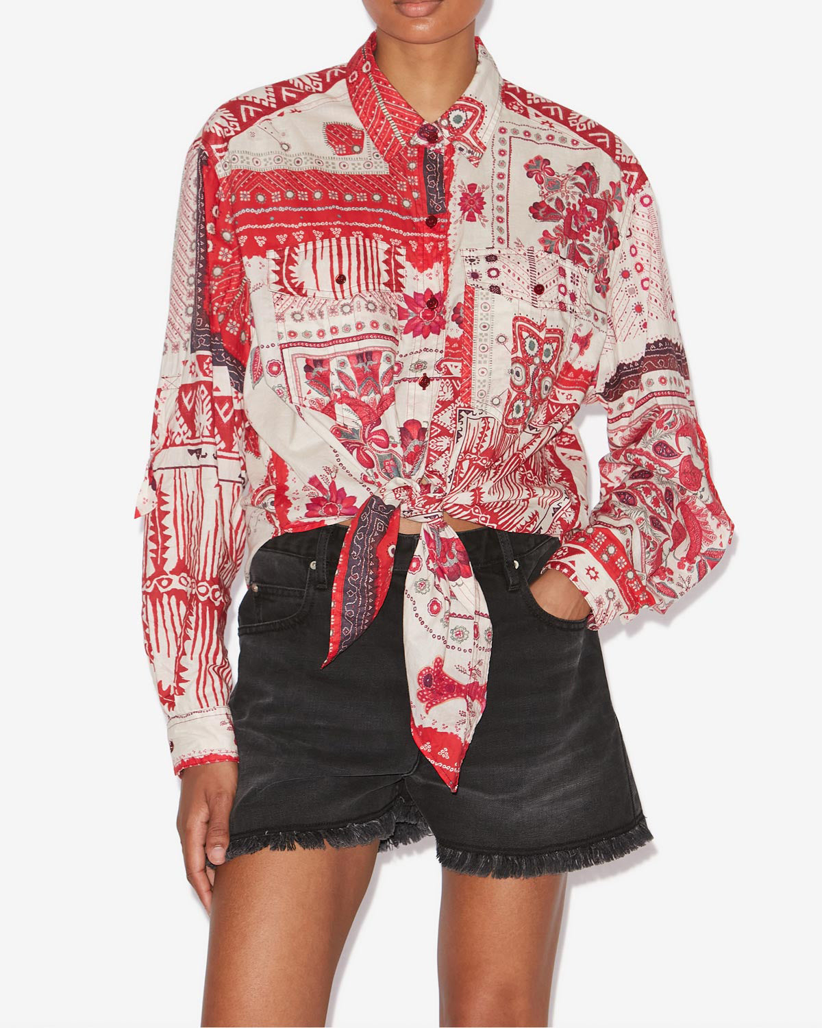 Nathy tied printed cotton voile shirt - Red and ecru - Woman - 3