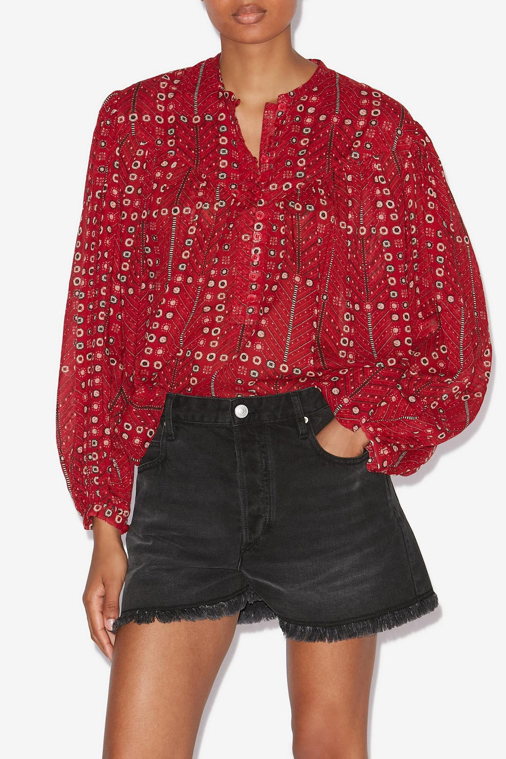 Salika printed and gathered cotton voile blouse - Red - Woman - 4