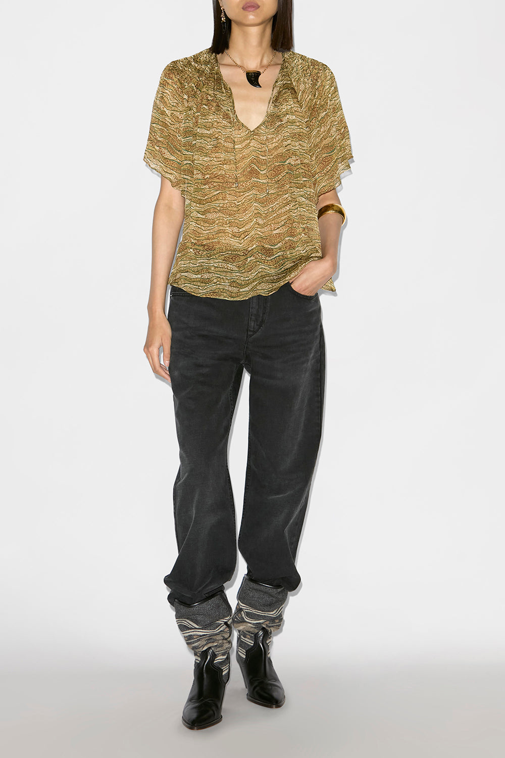 Neslya プリント入りモスリン トップス - カーキ - Woman - 2