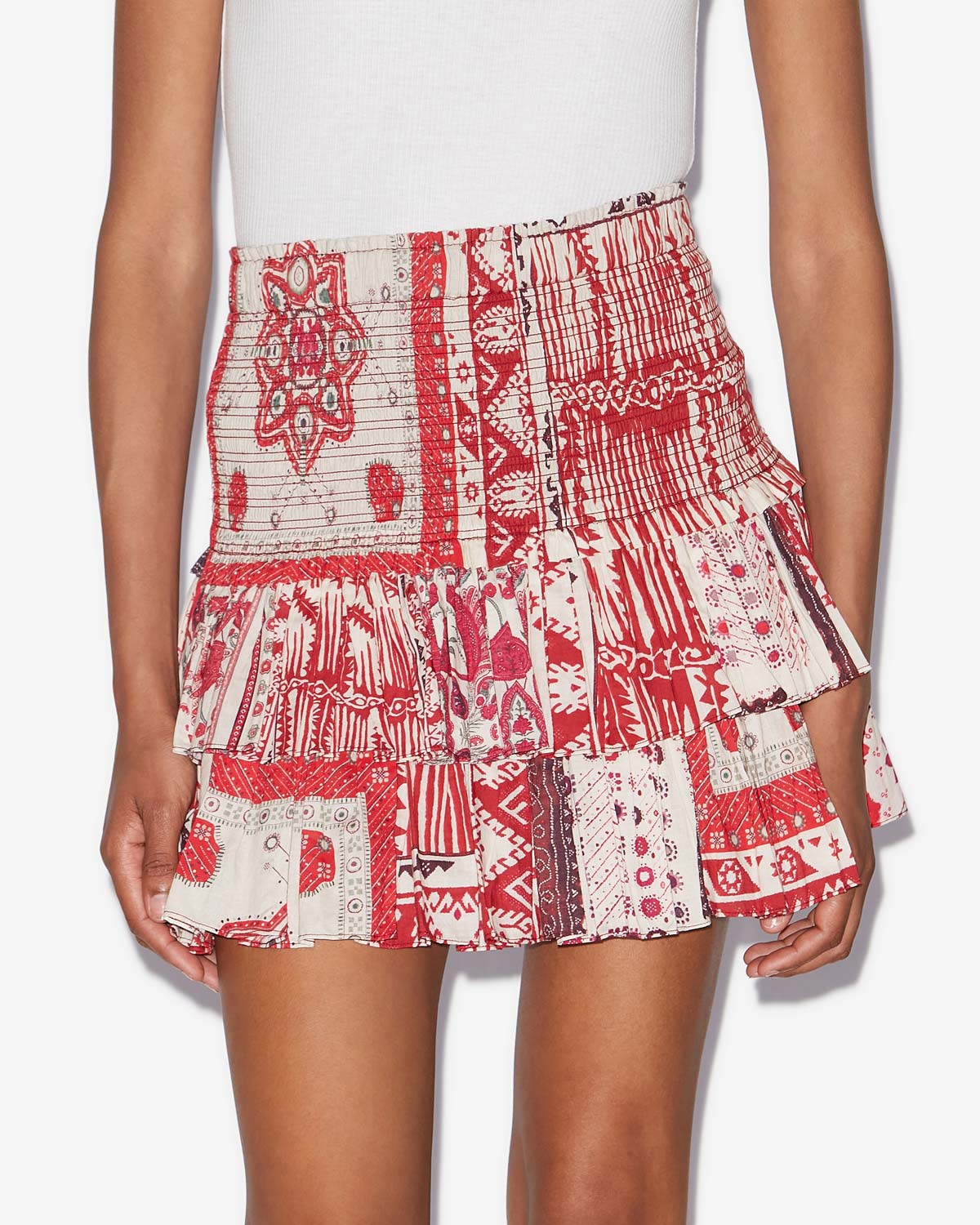 Naomi smocked cotton voile skirt with bandana print - Red and ecru - Woman - 3