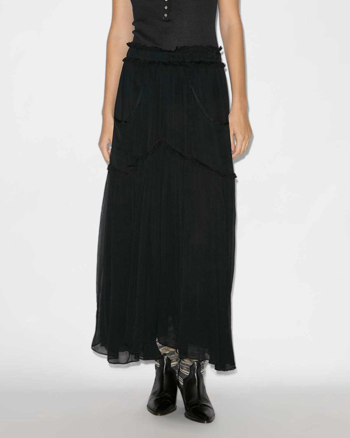 Geraffter langer rock veronique aus musselin - Schwarz - Woman - 3