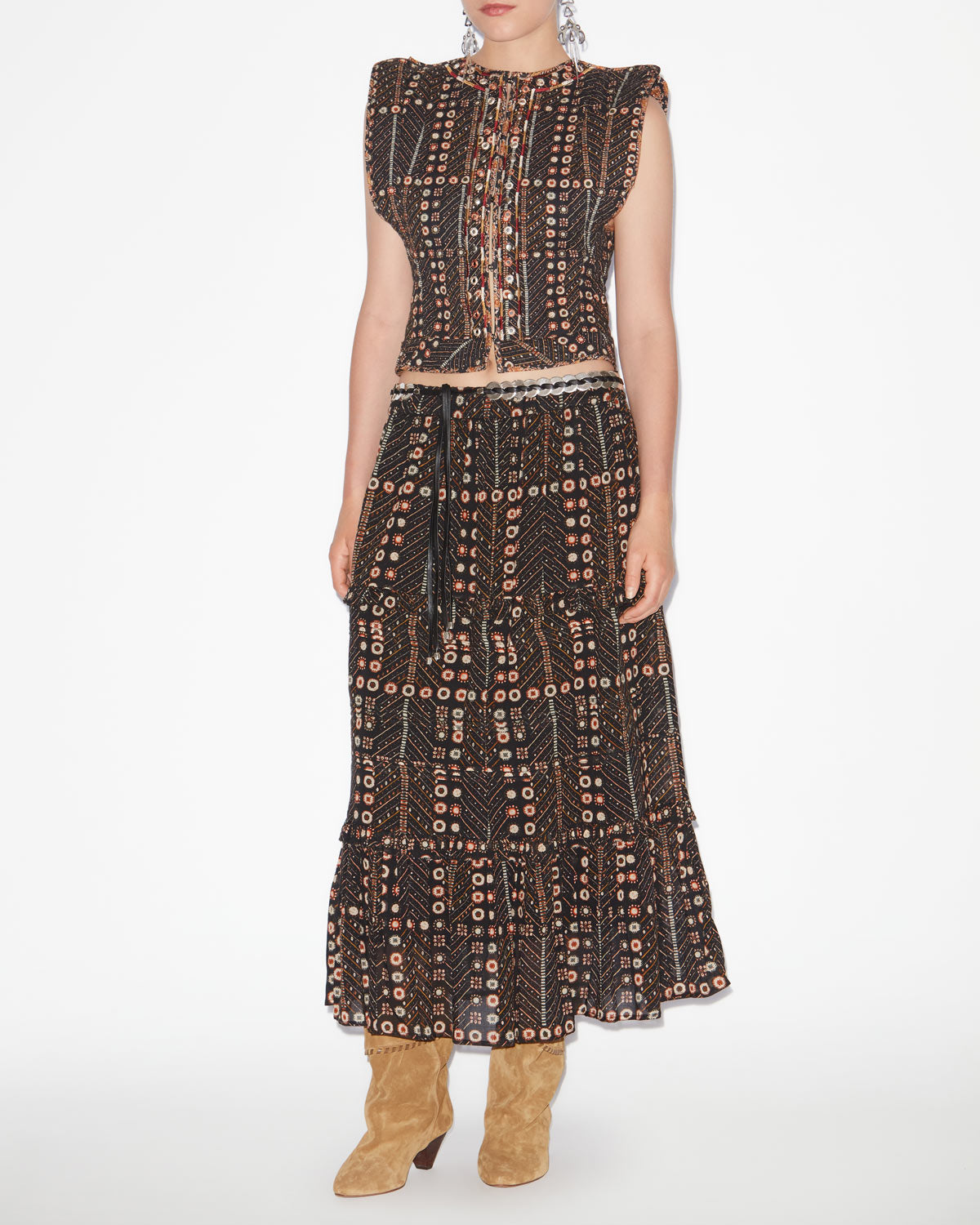 Falda diya larga de gasa de algodón estampada - Negro lavado - Woman - 1