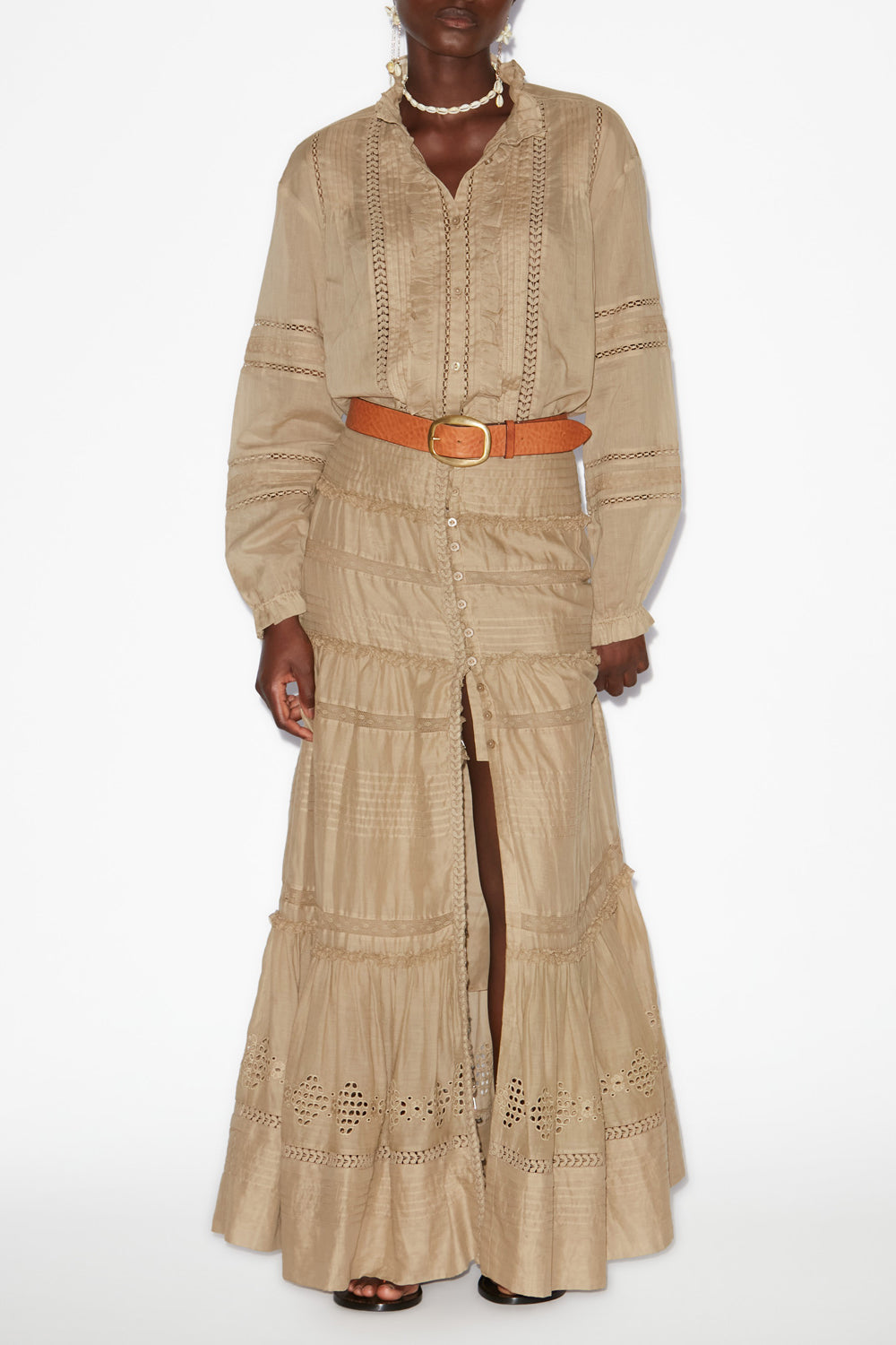 Gonna lunga dusta in voile di cotone finemente lavorato - Light khaki - Woman - 2