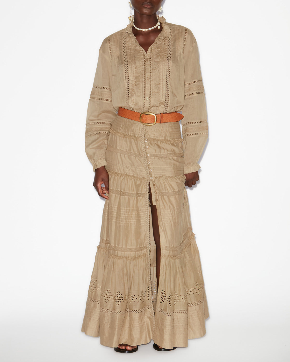 Falda larga de gasa de algodón trabajada dusta - Light khaki - Woman - 1