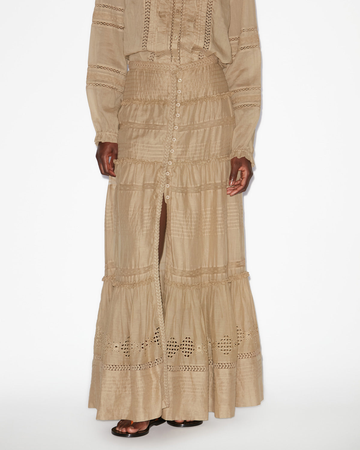 Falda larga de gasa de algodón trabajada dusta - Light khaki - Woman - 3