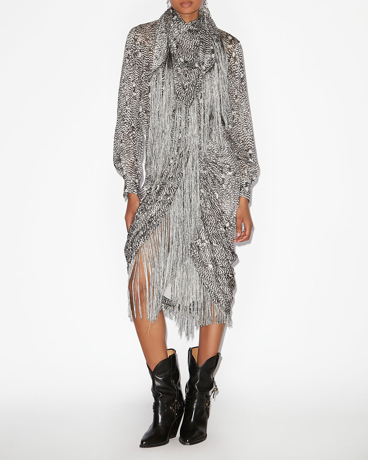 Roany draped skirt in fringed burnout velvet - Black and ecru - Woman - 1