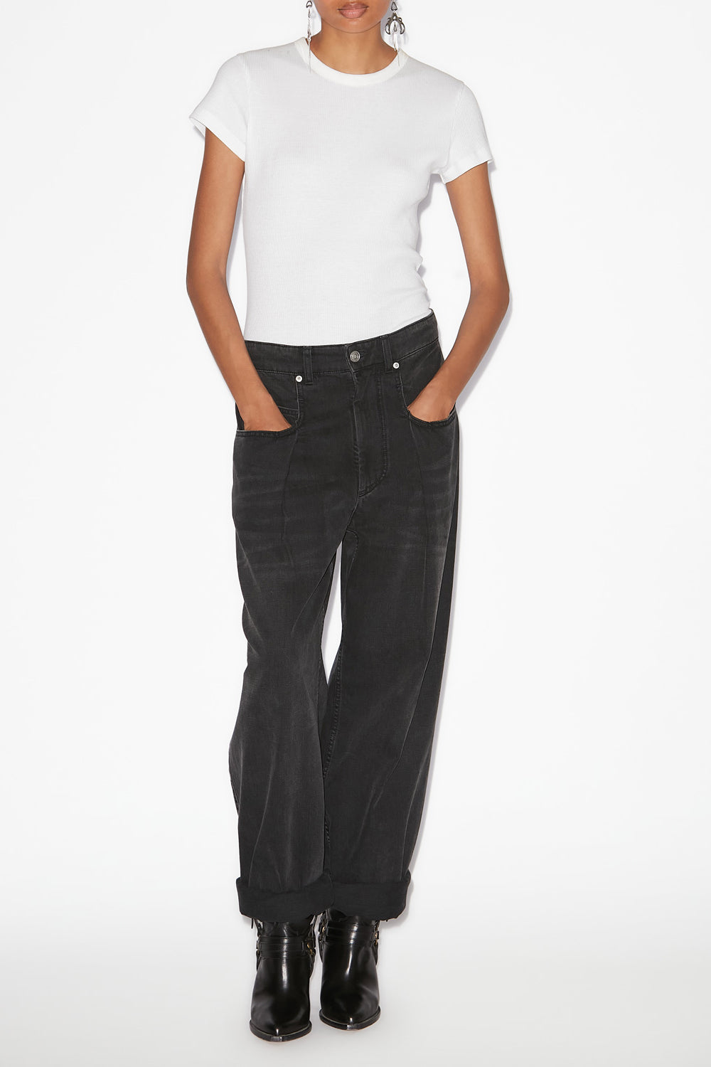 Jeans a gamba larga con plissettatura rachelle in denim - Nero lavato - Woman - 2