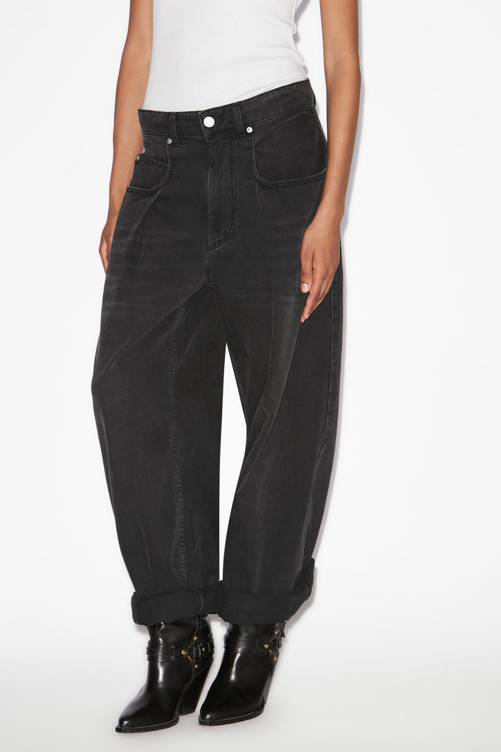 Jeans a gamba larga con plissettatura rachelle in denim - Nero lavato - Woman - 4