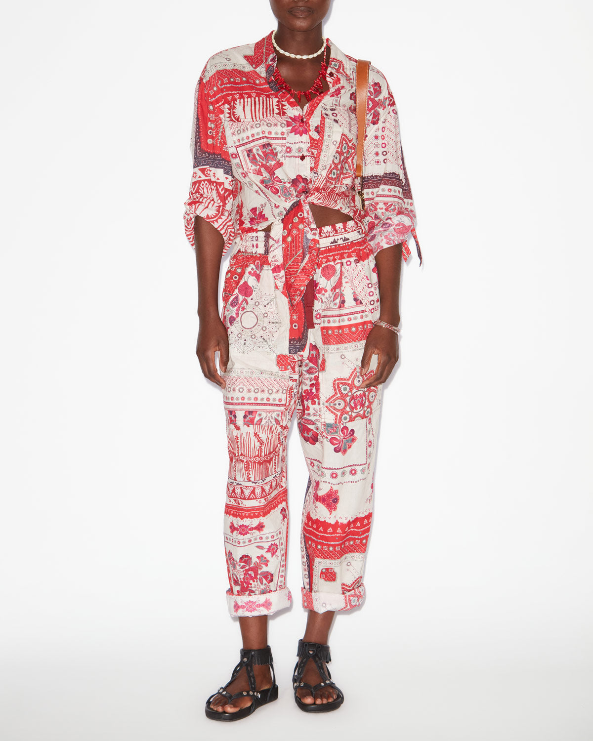 Fedora cotton voile bandana print pants - Red and ecru - Woman - 1