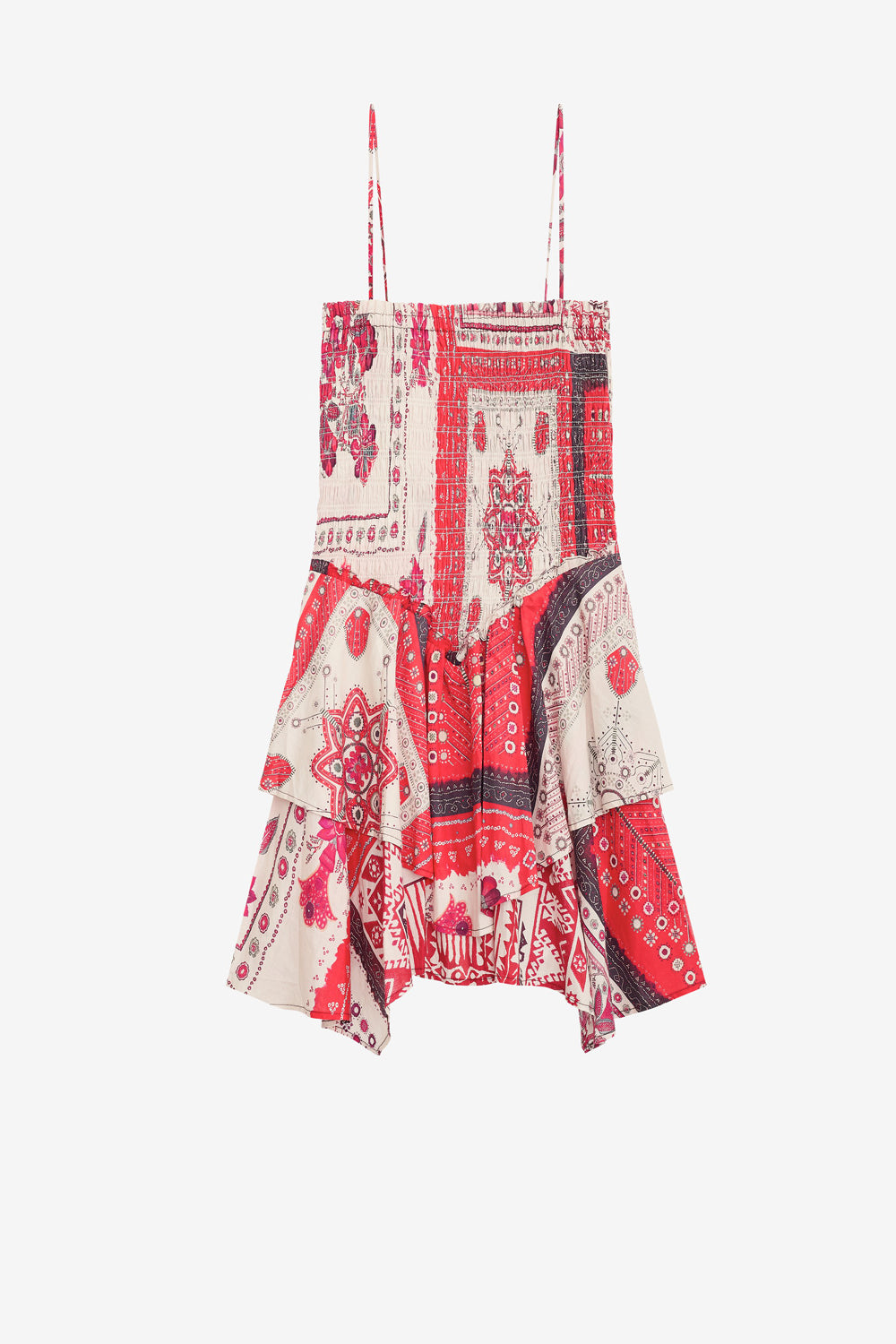 Vestido anka fruncido de gasa de algodón estampada - Red and ecru - Woman - 1