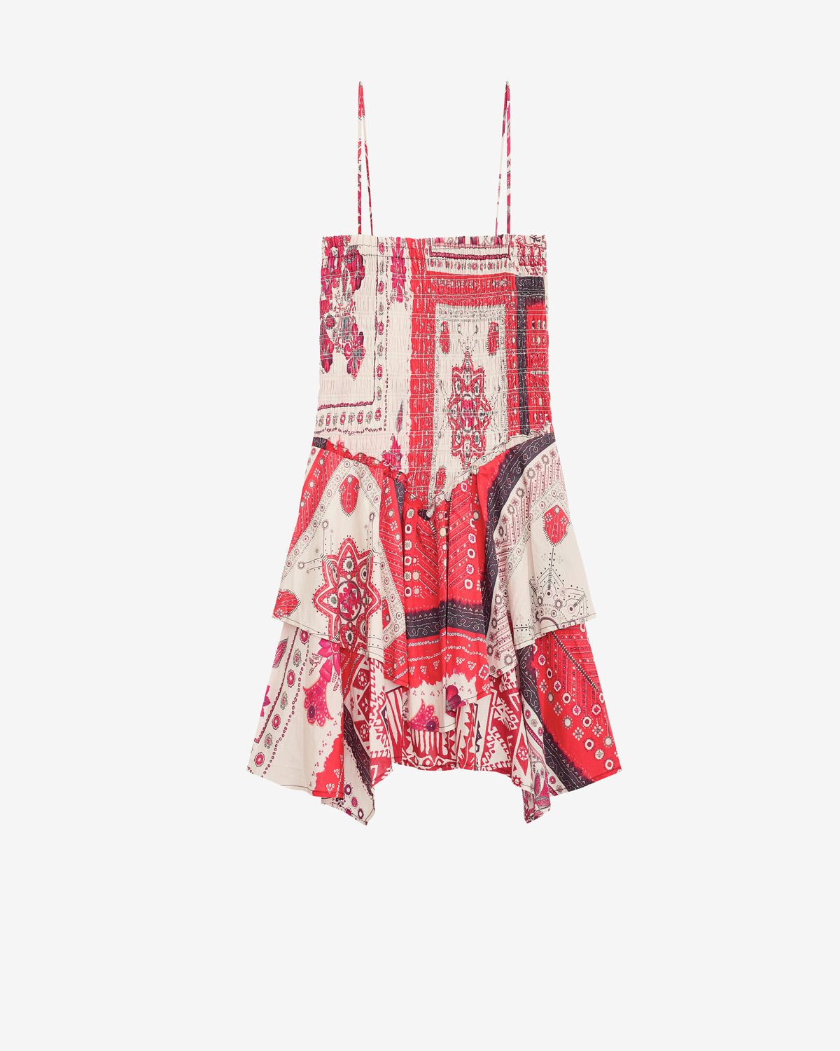 Vestido anka fruncido de gasa de algodón estampada - Red and ecru - Woman - 5