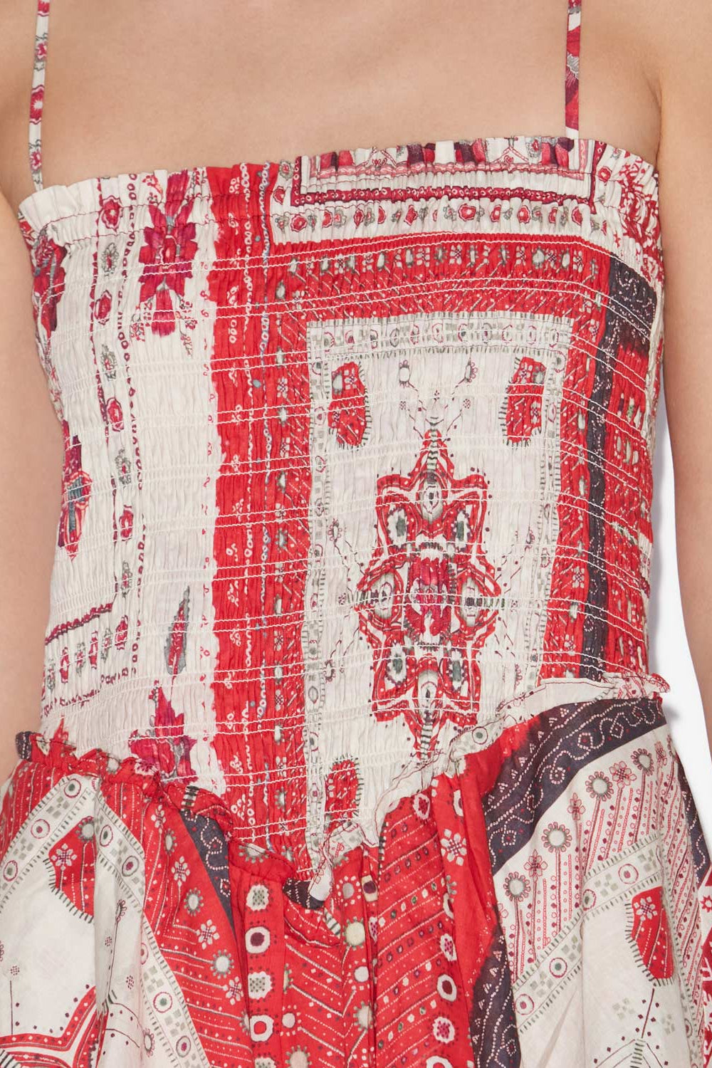 Vestido anka fruncido de gasa de algodón estampada - Red and ecru - Woman - 3