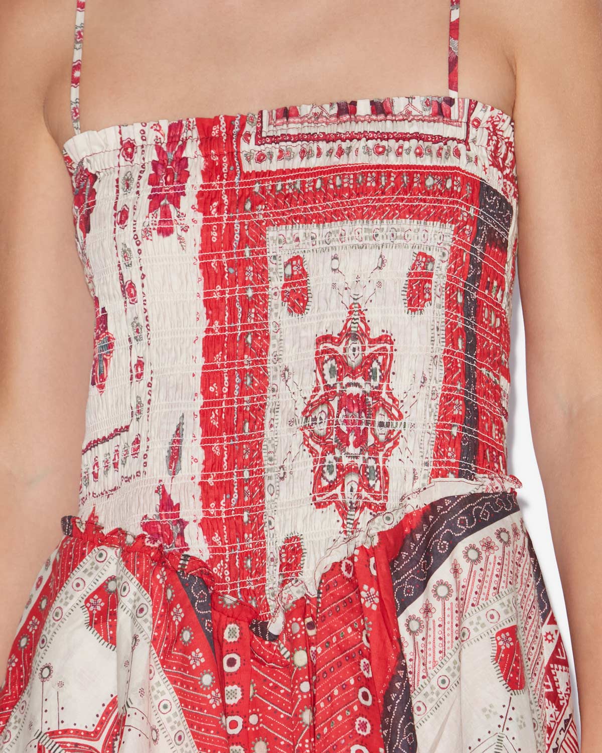 Vestido anka fruncido de gasa de algodón estampada - Red and ecru - Woman - 2