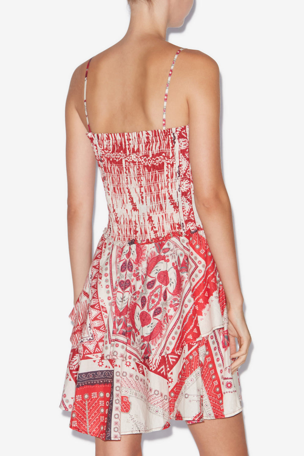 Vestido anka fruncido de gasa de algodón estampada - Red and ecru - Woman - 5