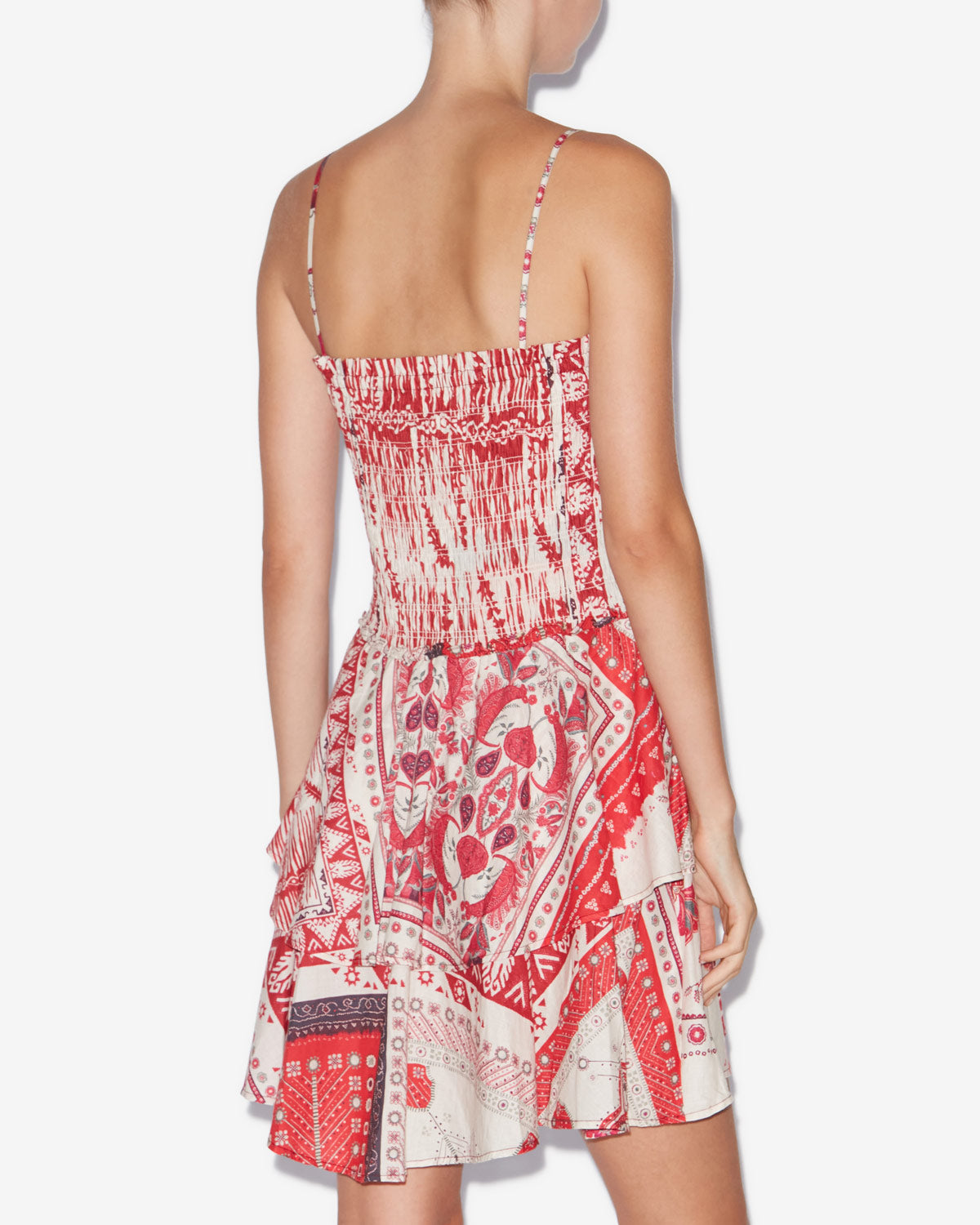 Vestido anka fruncido de gasa de algodón estampada - Red and ecru - Woman - 4