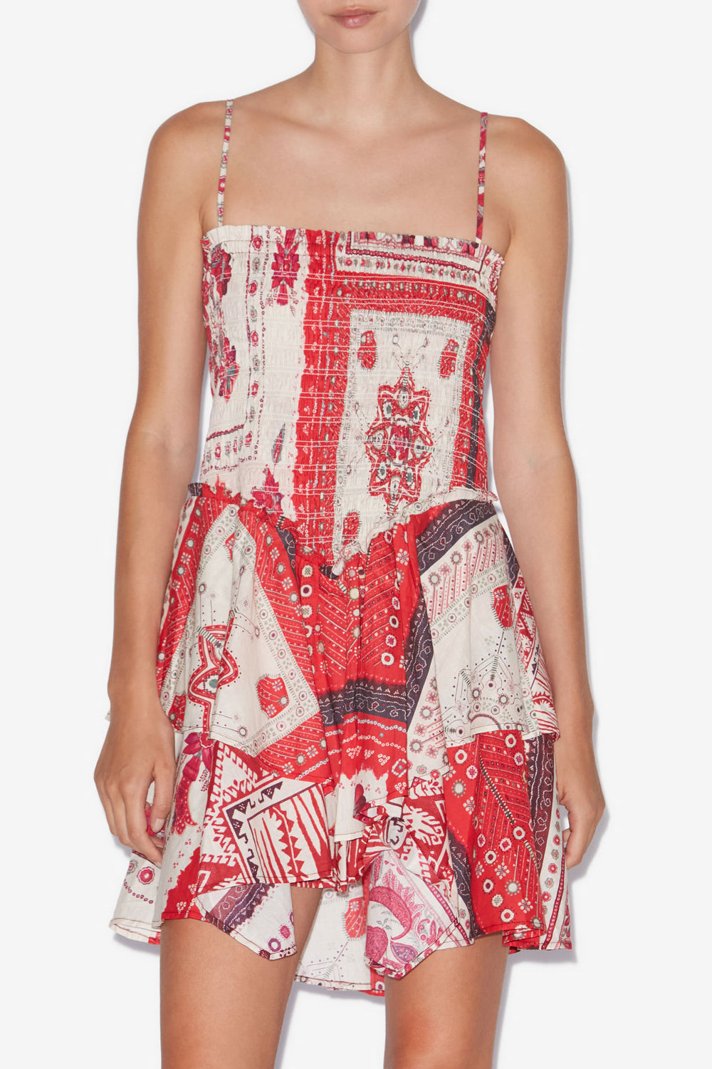Vestido anka fruncido de gasa de algodón estampada - Red and ecru - Woman - 4