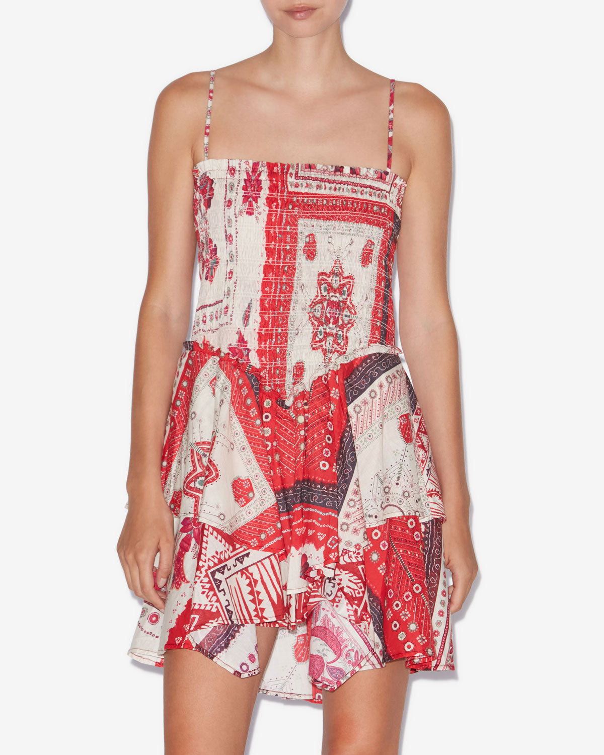 Vestido anka fruncido de gasa de algodón estampada - Red and ecru - Woman - 3