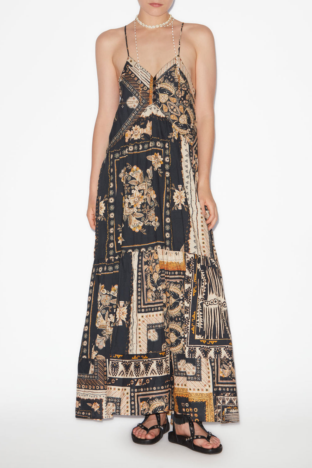 Vestido largo con tirantes y estampado de bandana sabba - Black-ochre - Woman - 2