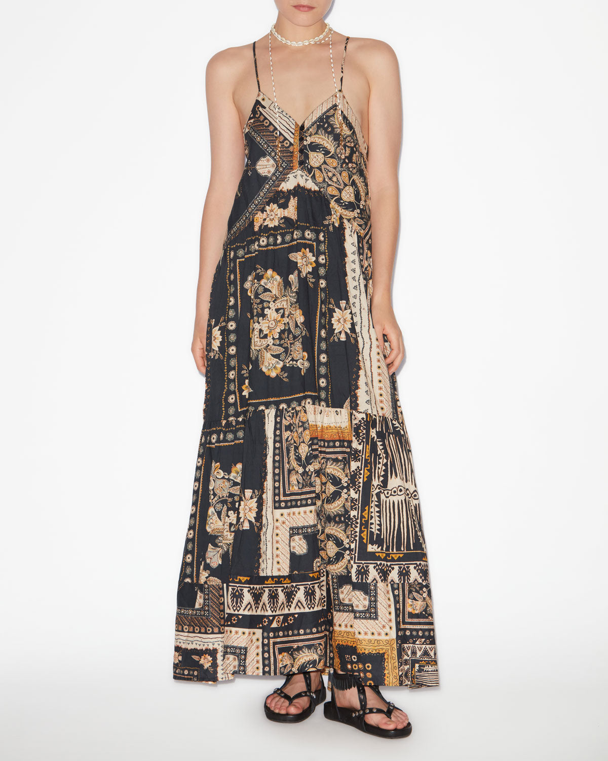 Vestido largo con tirantes y estampado de bandana sabba - Black-ochre - Woman - 1